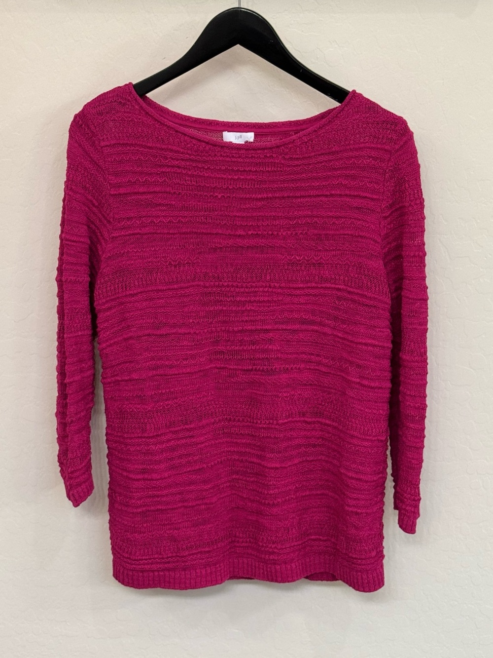 J. Jill Magenta Pink Textured Slub Knit Sweater Size Medium Boat Neck 3/4 Sleeve